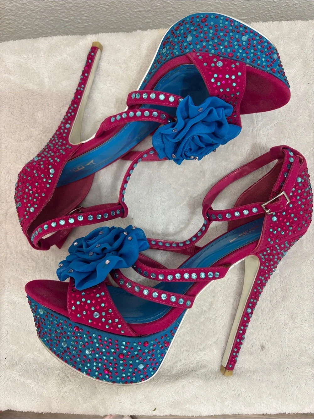 Alba Hot Pink & Blue Rhinestone Platform Heels Size 10 | 6” Stiletto Floral Glam